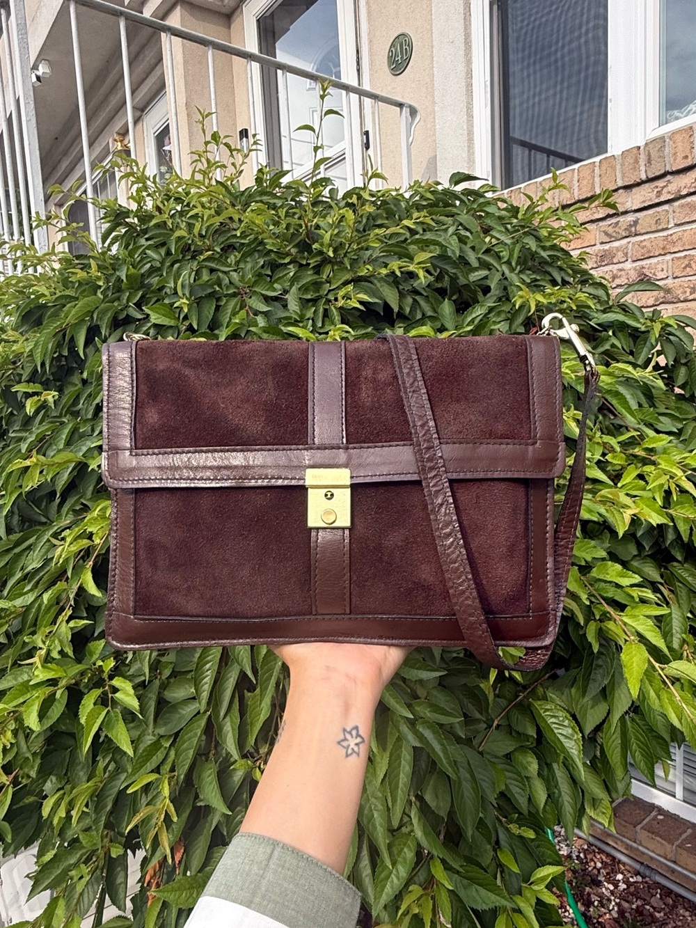 Vintage Chocolate Brown Leather & Suede Crossbody Shoulder Bag Unisex